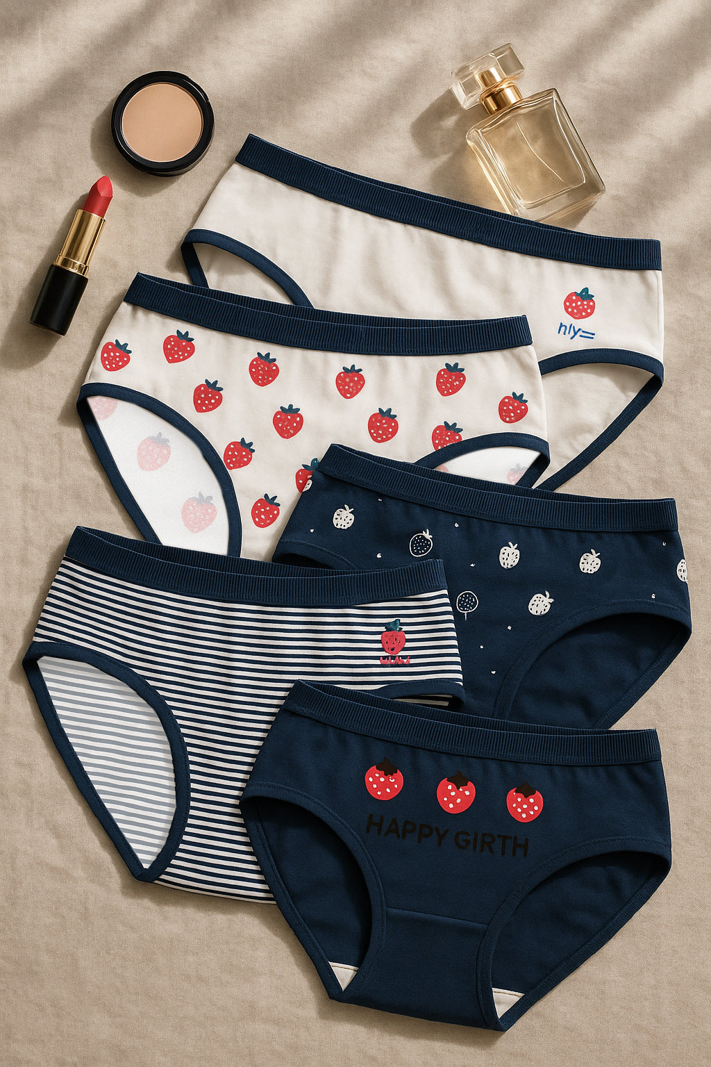 Women’s Cotton Mid-Rise Panty Pack of 5 – Breathable Everyday Comfort Innerwear with Cute Strawberry & Striped Prints