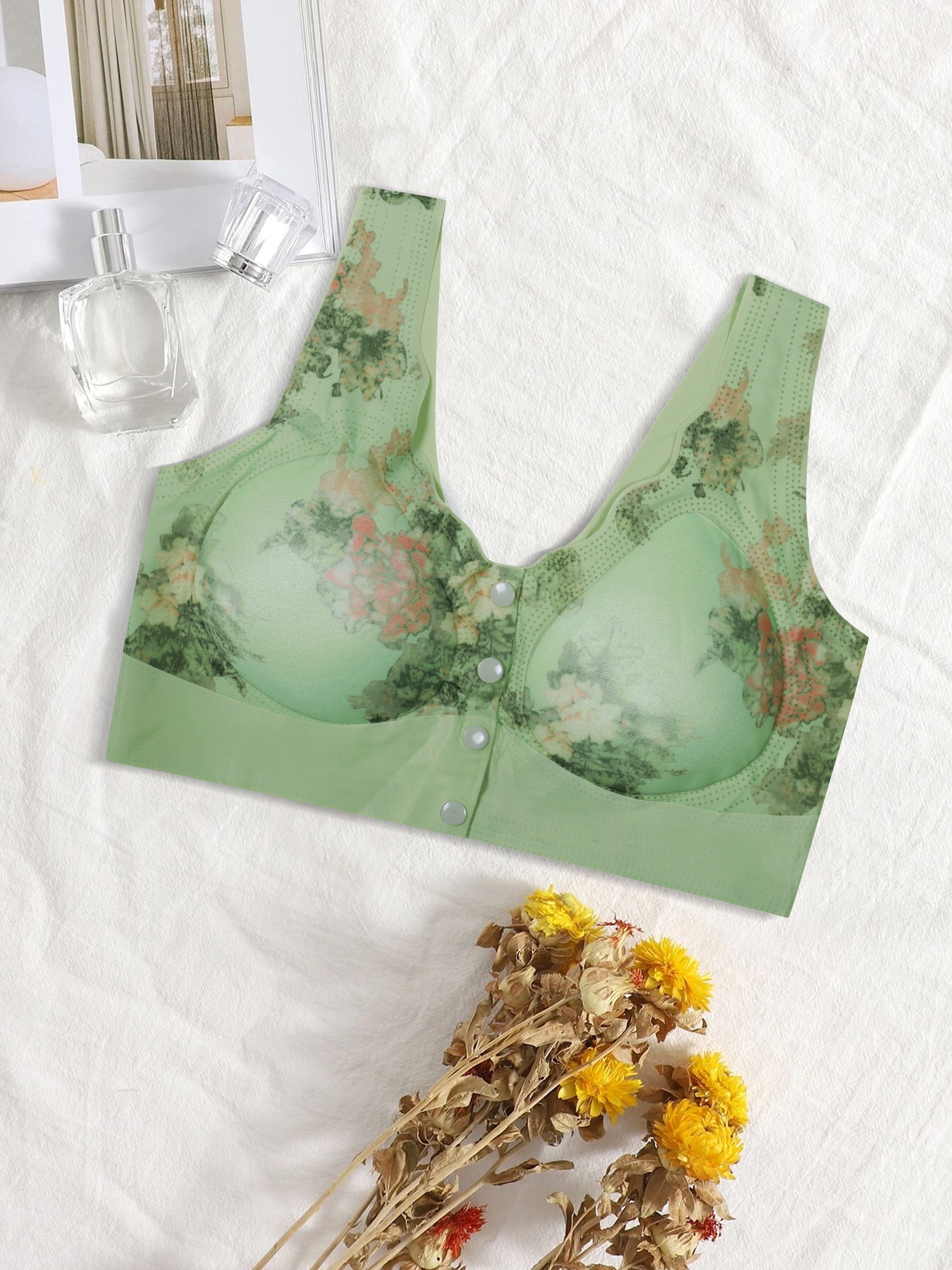 Women’s Soft Cotton Blend Bra – Floral Print, Front Button Closure, Non-Wired