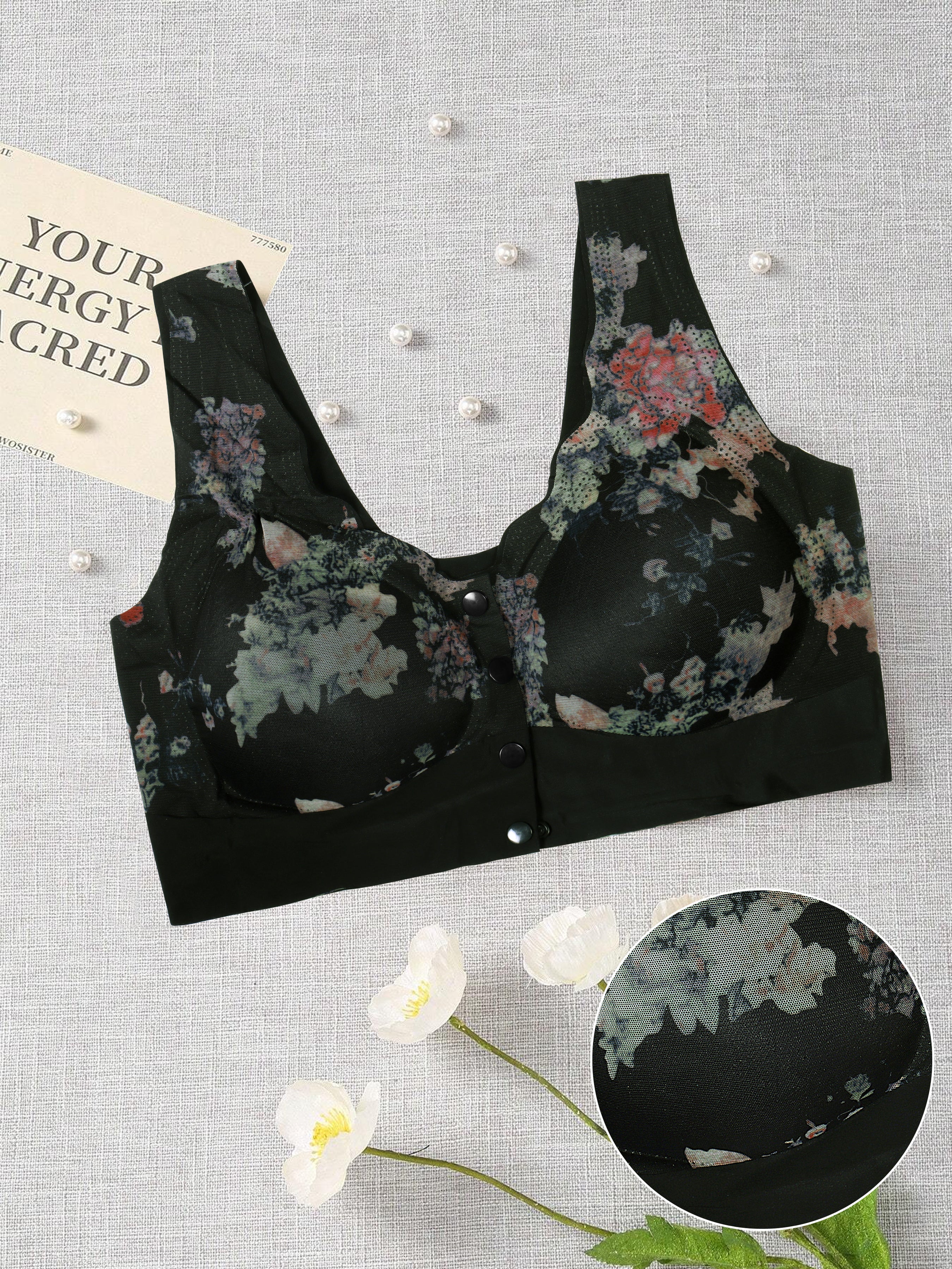 Women’s Black Front Open  Bra with Floral Print – Daily Wear Soft Fabric