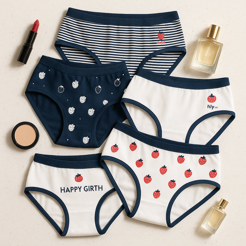 Women’s Cotton Printed Panty Set of 5 – Soft & Breathable Mid-Rise Underwear with Stylish Strawberry & Striped Designs