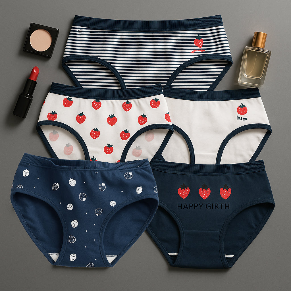 Pack of 5 Women’s Cotton Panties – Comfortable Mid-Rise Everyday Innerwear with Cute Strawberry Prints & Striped Designs