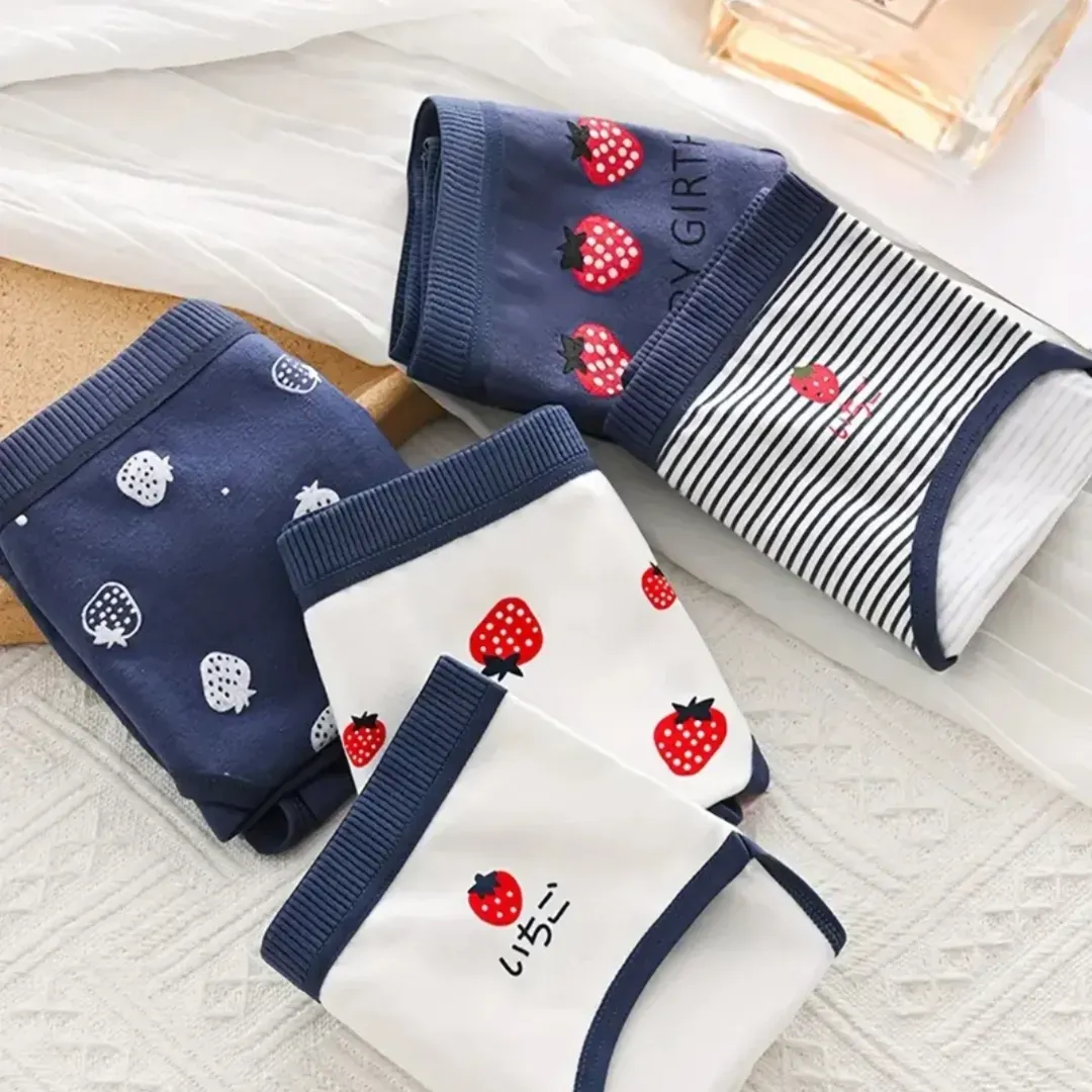 Women’s Cotton Panty Pack of 5 – Breathable Mid-Rise Underwear with Cute Strawberry & Stripe Prints for Daily Comfort (Copy)