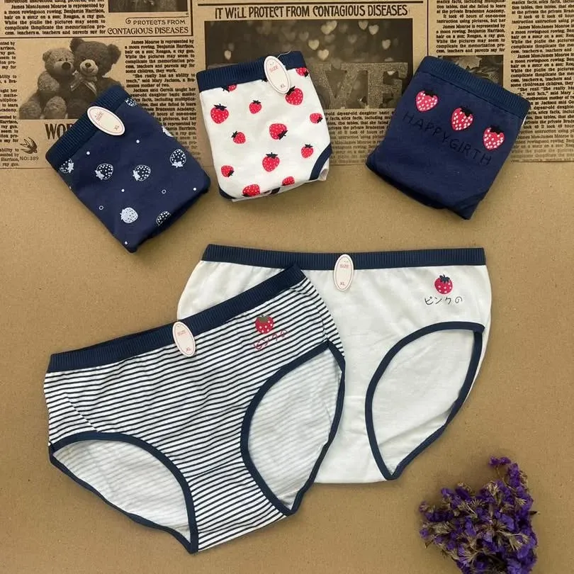 Women’s Cotton Panty Pack of 5 – Breathable Mid-Rise Underwear with Cute Strawberry & Stripe Prints for Daily Comfort