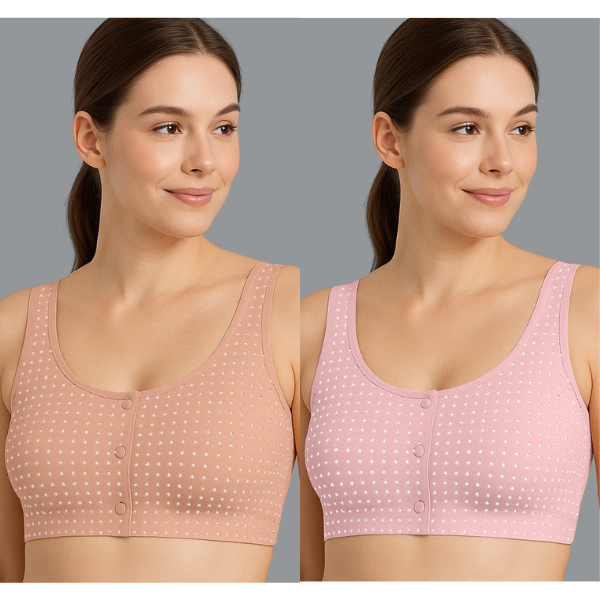 Pack of 2 Women’s Wire-Free Bras – Pink & Peach Polka Dot Front Open Non-Padded Comfortable Daily Wear