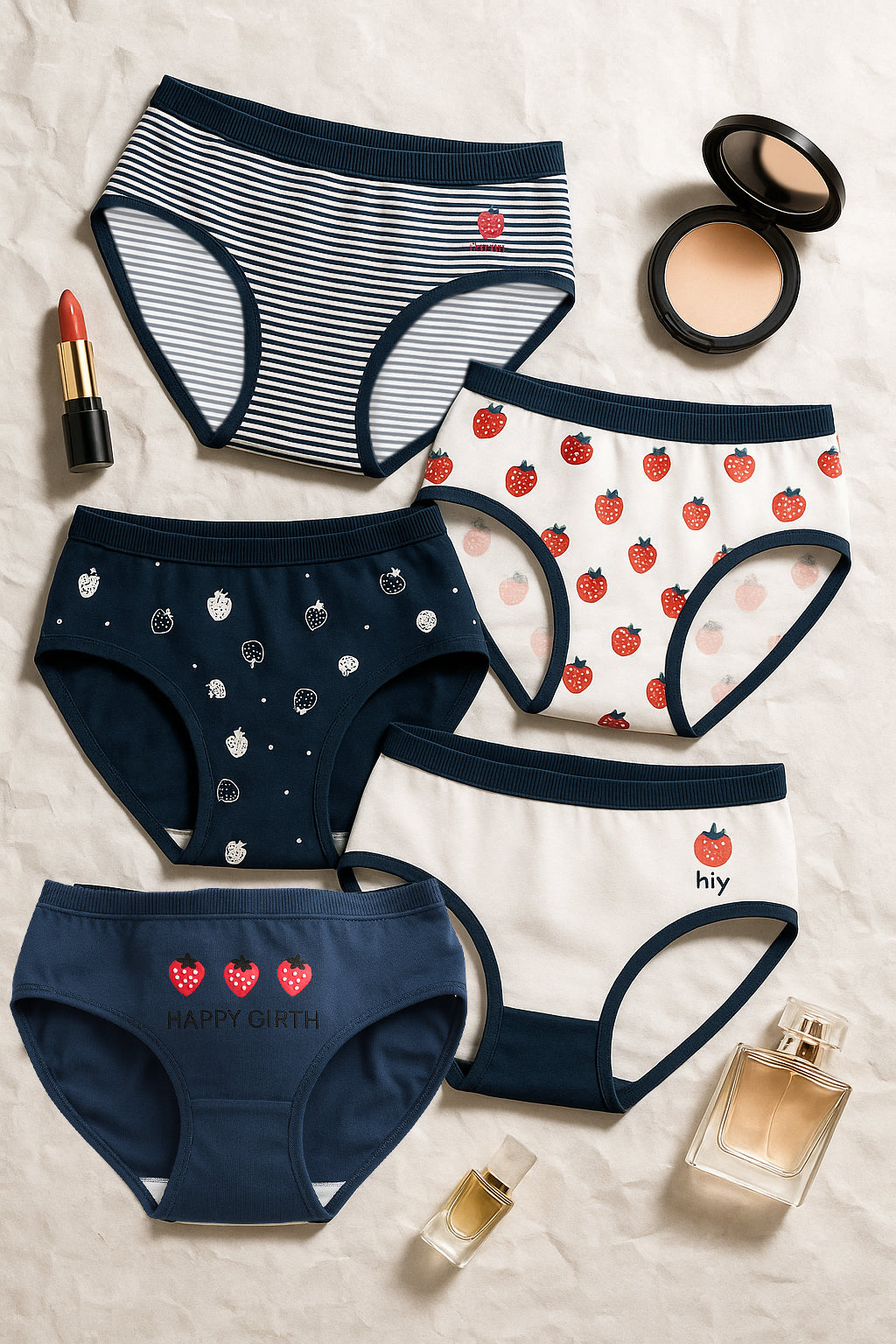 Pack of 5 Women’s Cotton Panties – Comfortable Mid-Rise Everyday Innerwear with Cute Strawberry Prints & Striped Designs