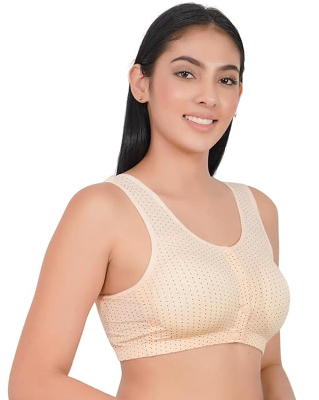 Pink Polka Dot Women’s Bra – Front Button Closure Wire-Free Soft Cotton Blend for Daily Comfort