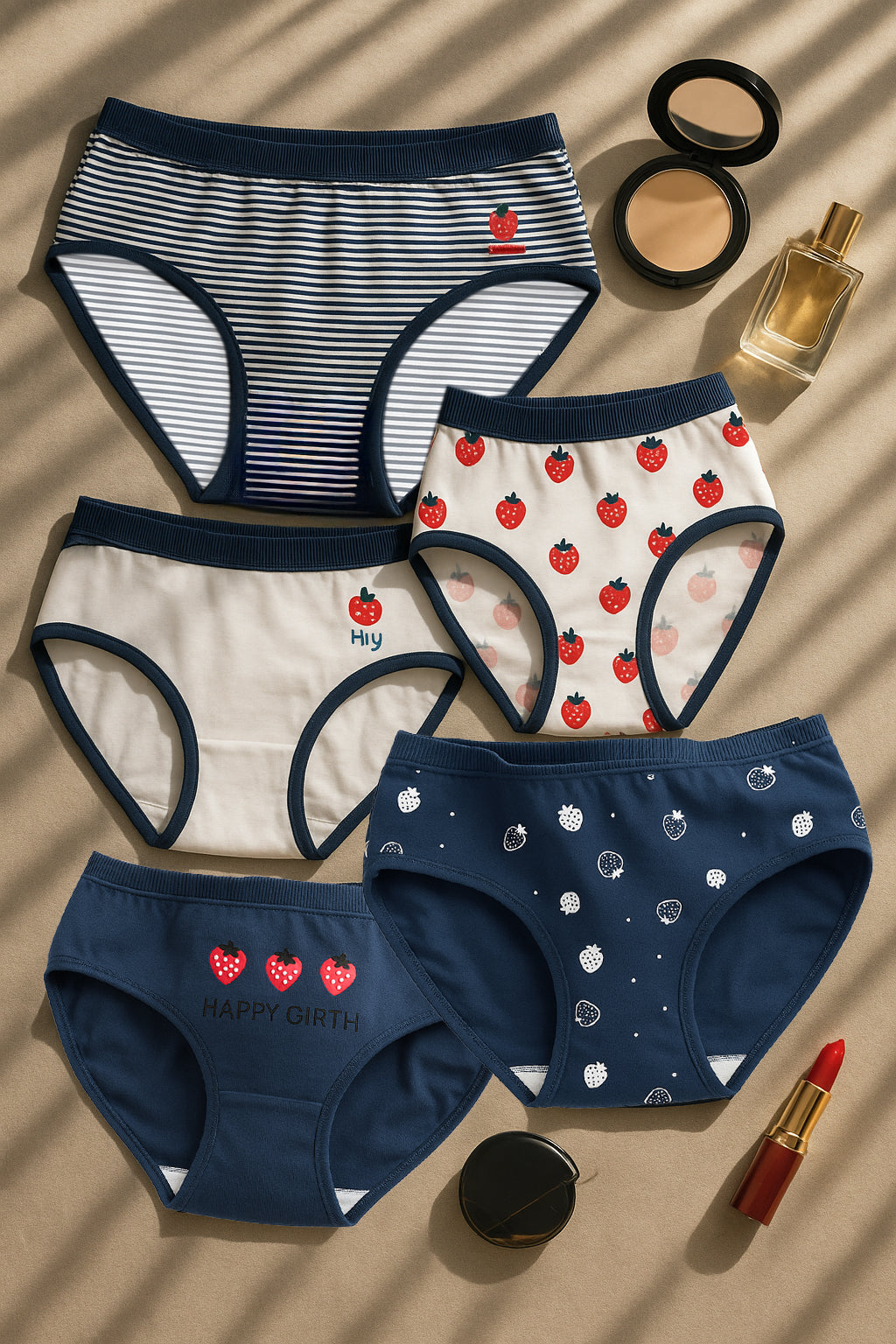 Pack of 5 Women’s Cotton Mid-Rise Panties – Stylish Printed Everyday Comfort Innerwear with Strawberry & Striped Designs