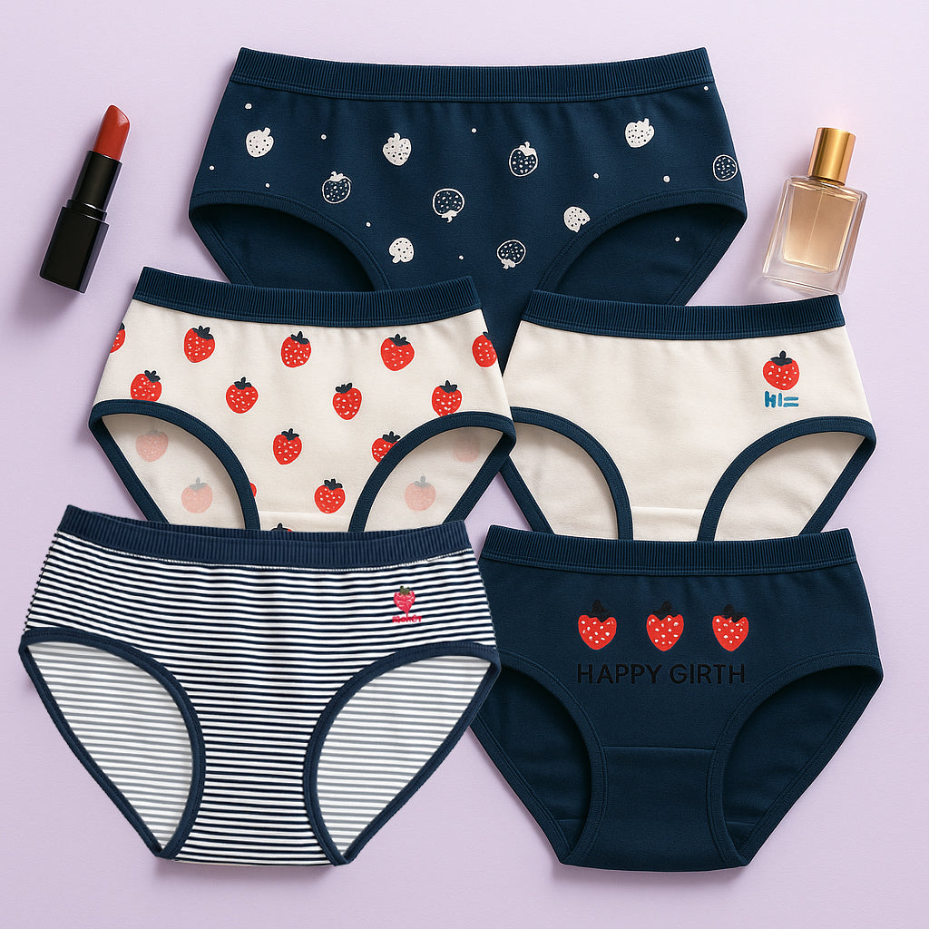 Women’s Cotton Mid-Rise Panty Pack of 5 – Soft Breathable Everyday Innerwear with Trendy Strawberry & Stripe Prints