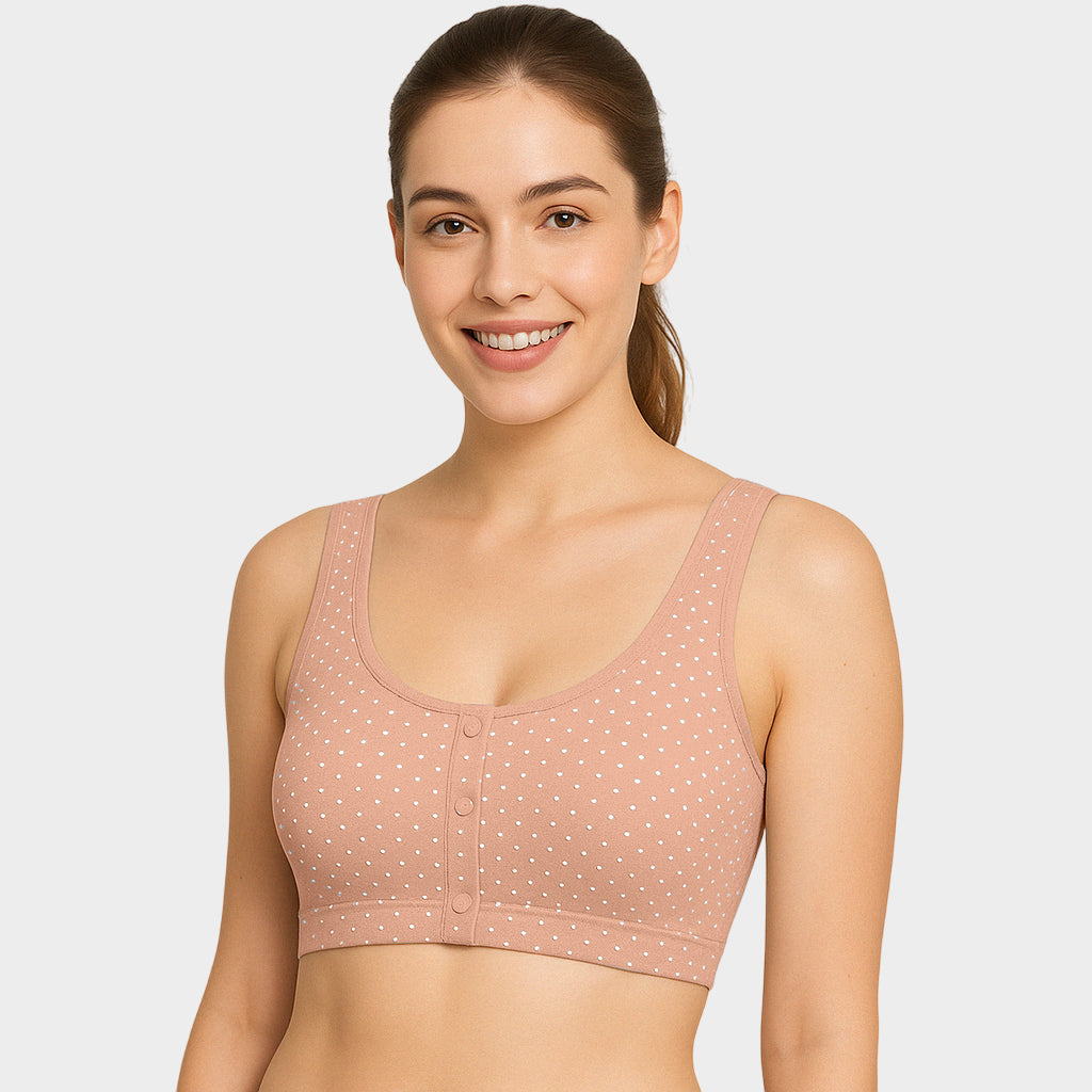 Stylish Women’s Front Open Bra – Pink Polka Dot Wire-Free Comfortable Daily Wear Lingerie