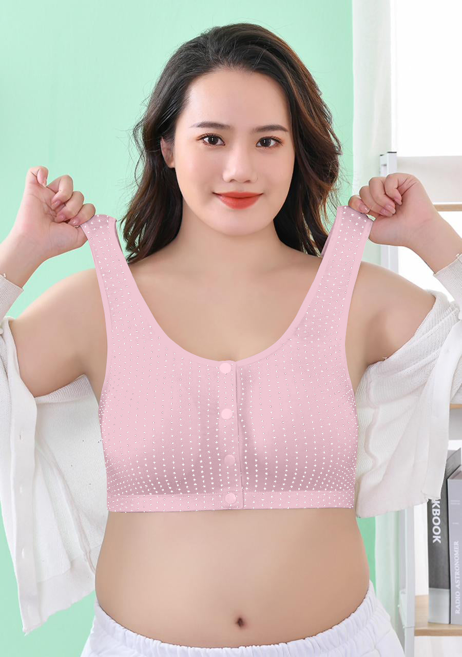 Women’s Polka Dot Bra – Front Open Non-Padded Wire-Free Everyday Wear with Wide Straps