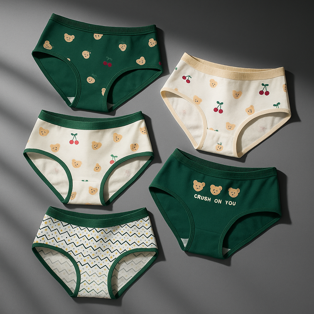 Women’s Cotton Panty Pack of 5 – Soft & Breathable Mid-Rise Underwear with Cute Bear & Cherry Prints