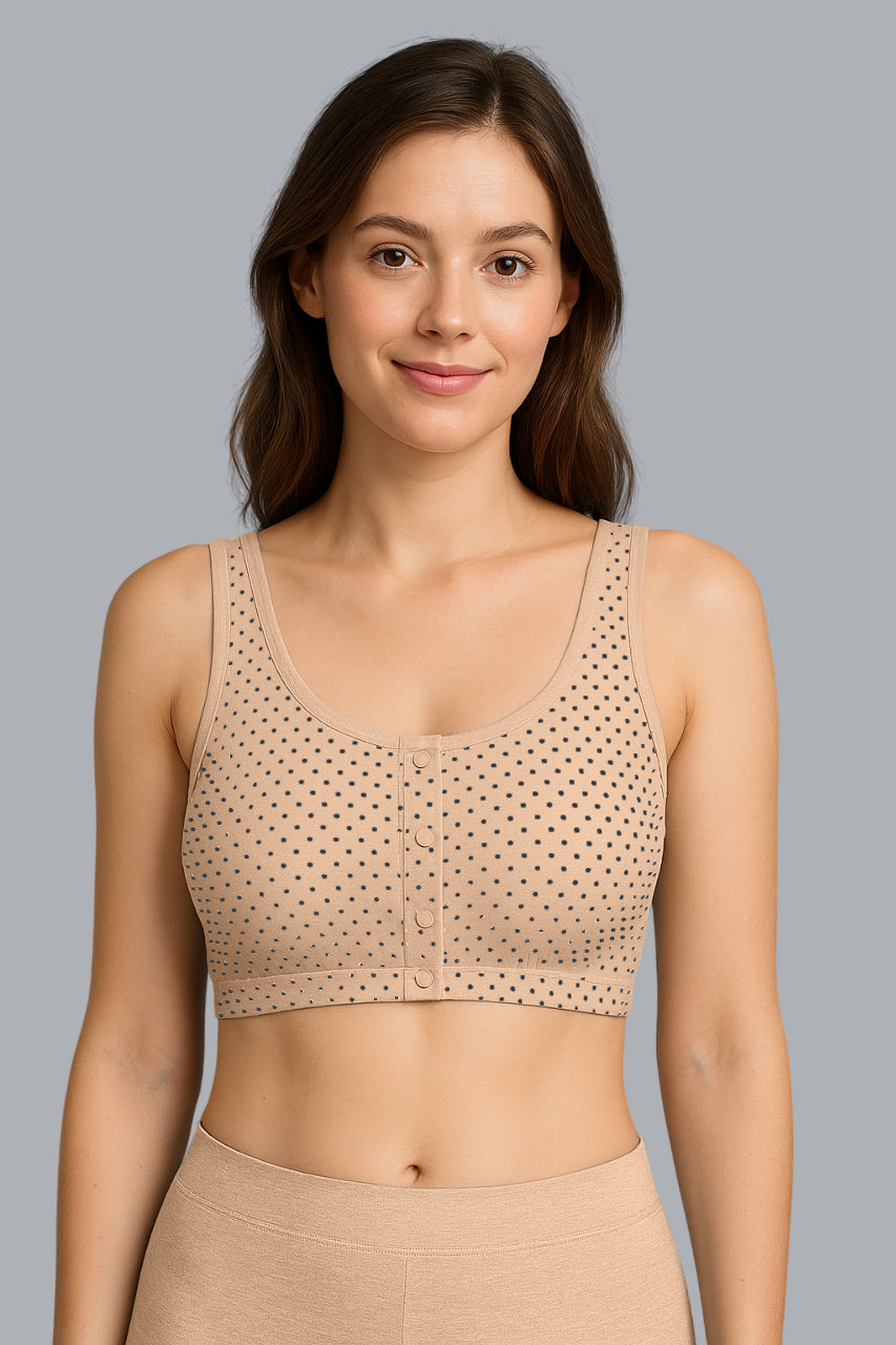 Pink Polka Dot Women’s Bra – Front Button Closure Wire-Free Soft Cotton Blend for Daily Comfort