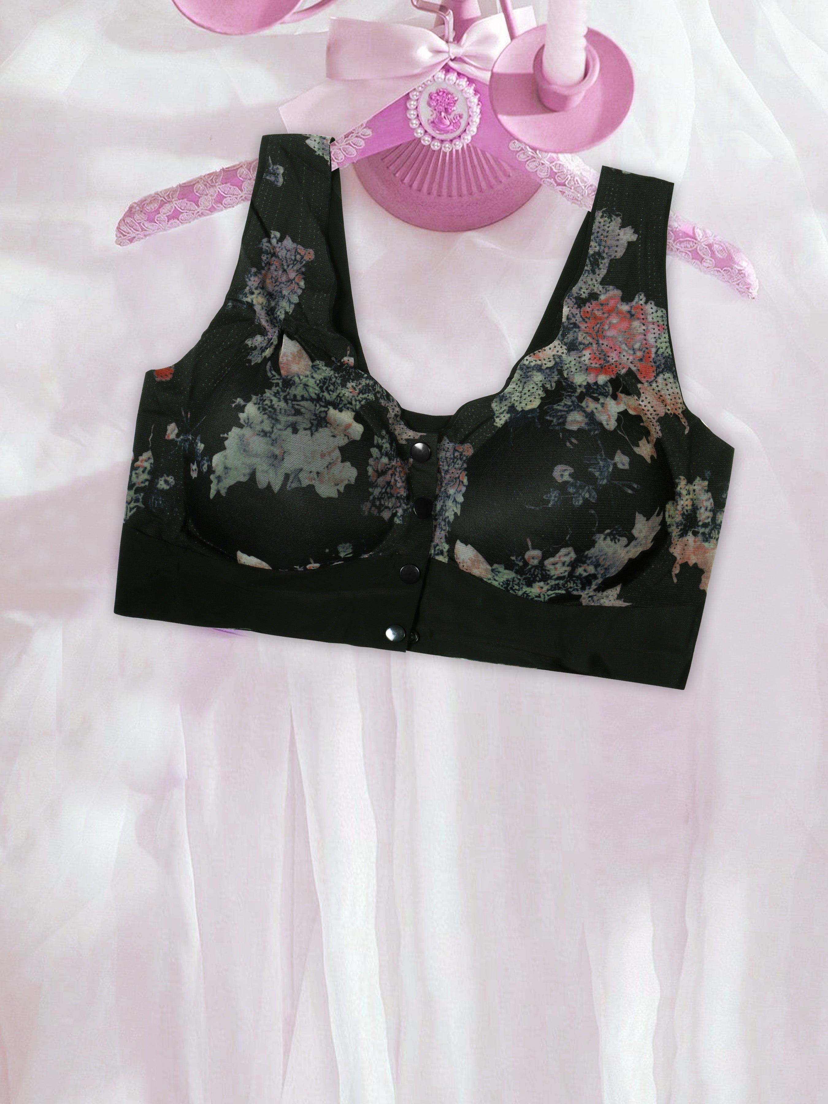 Women’s Black Floral Printed Front Open  Non-Wired Bra – Daily Wear Soft Stretchable Fabric