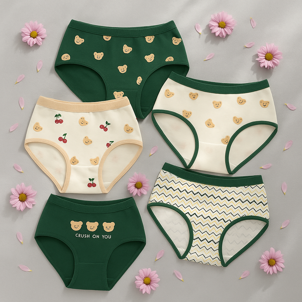 Cotton Panty Combo for Women – Pack of 5 Printed Mid-Rise Underwear with Cute Designs