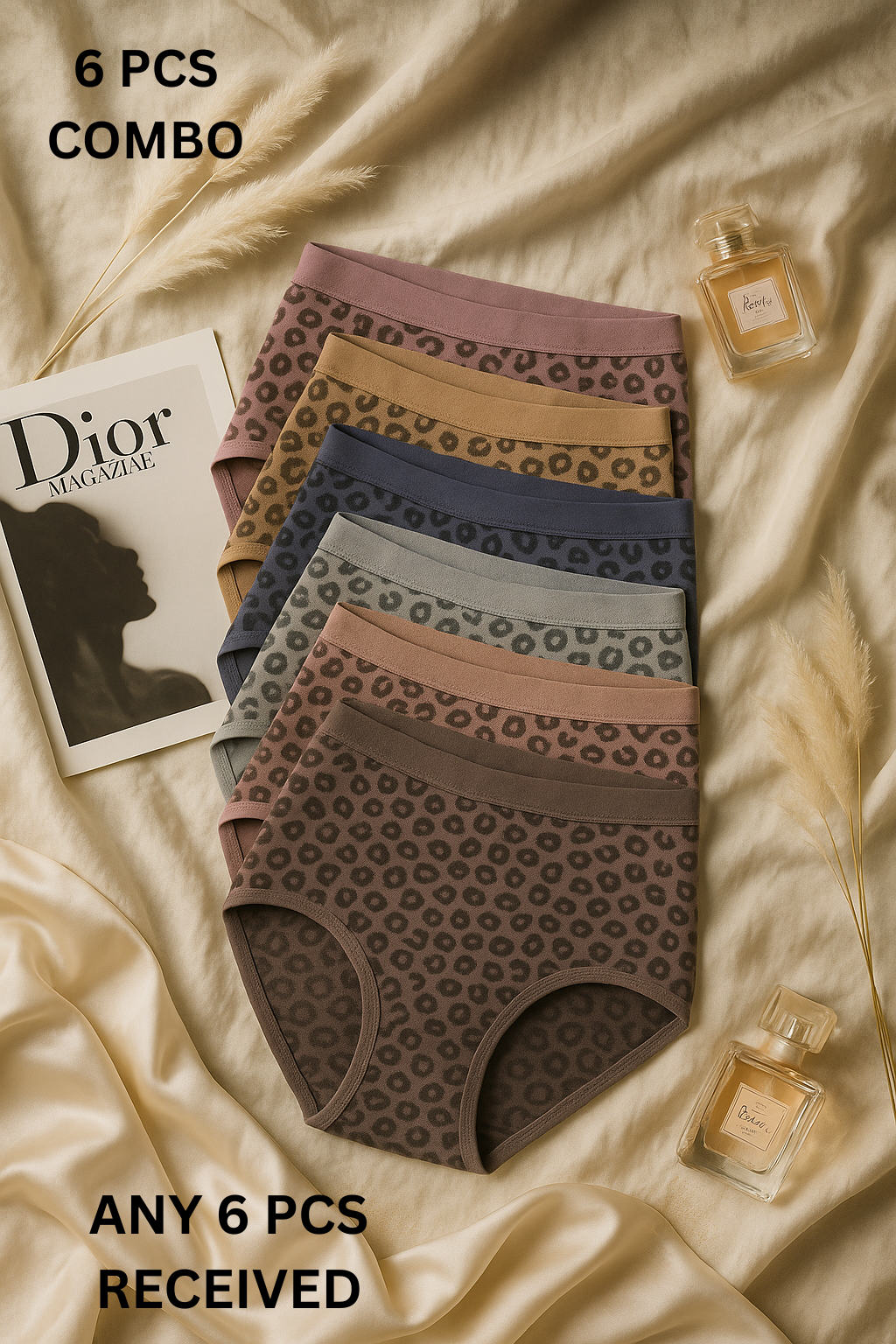 Leopard Print Panty Pack of 6 for Women | Cotton Mid Waist Underwear with Full Coverage