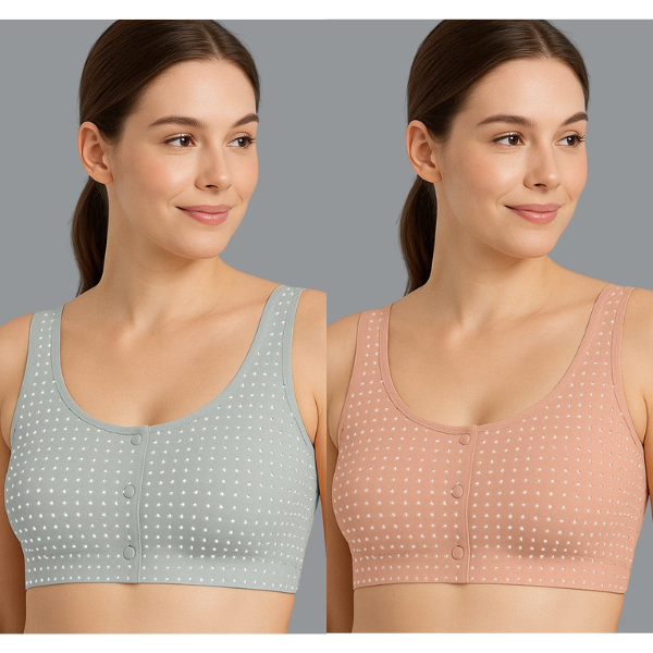 Everyday Wear Women’s Bra Pack – Pink & Grey Front Open Wire-Free Non-Padded Cotton Bra