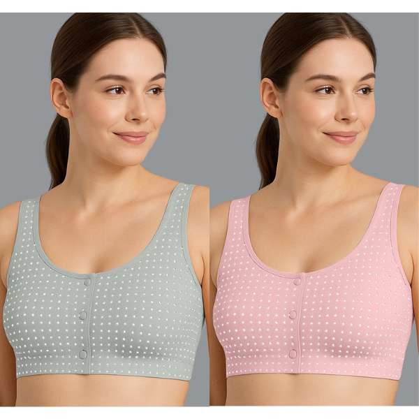 Women’s Cotton Bra Set of 2 – Gery & Peach Front Open Polka Dot Non-Padded Wire-Free Plus Size Bra