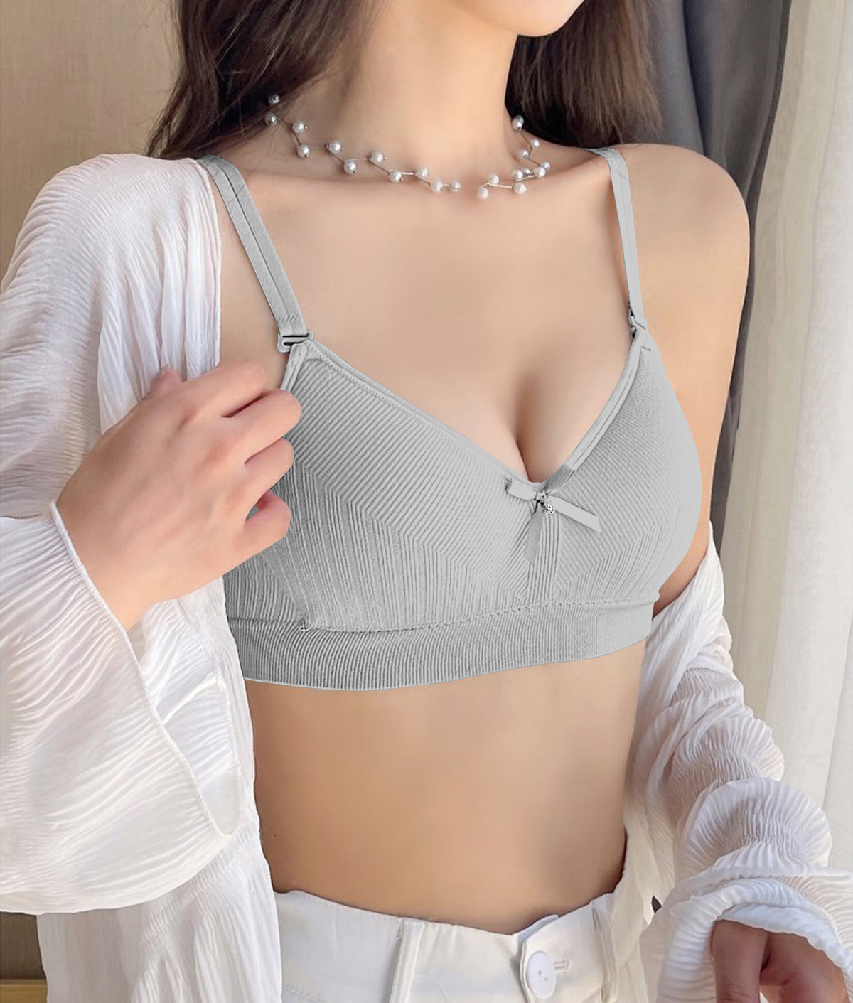 Seamless Wireless Padded Bra with Double Straps – Skin & Grey Combo