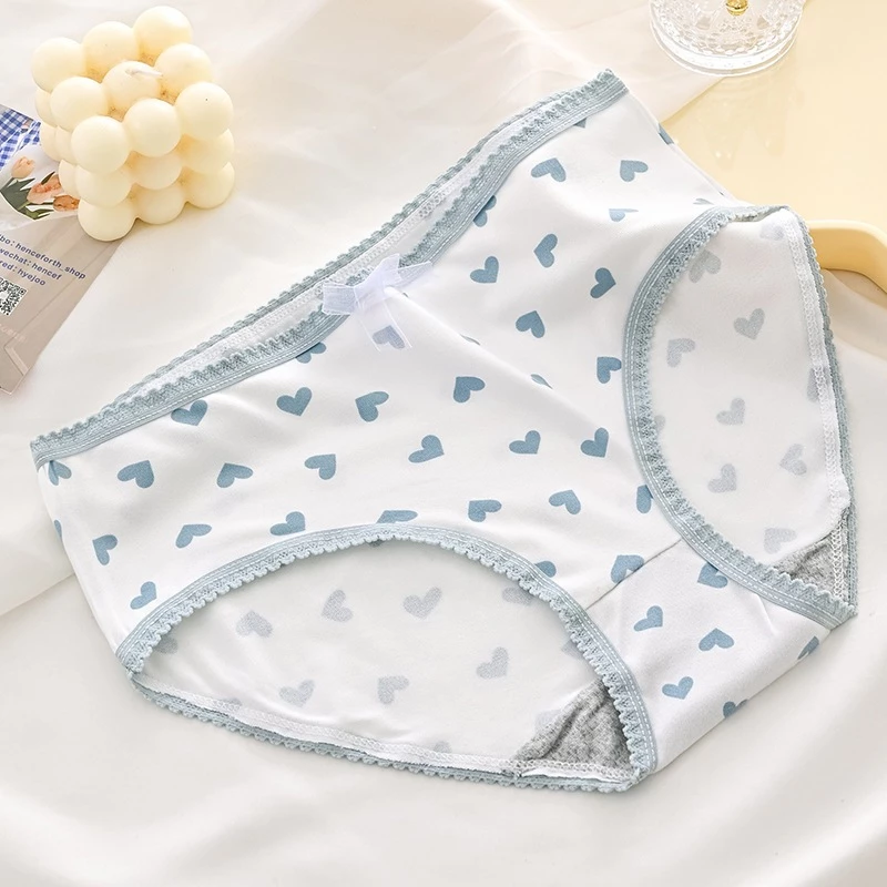 Cute Women’s Panties Set – Blue Heart, Plaid & Solid Patterns in Soft Cotton (Pack of 5)