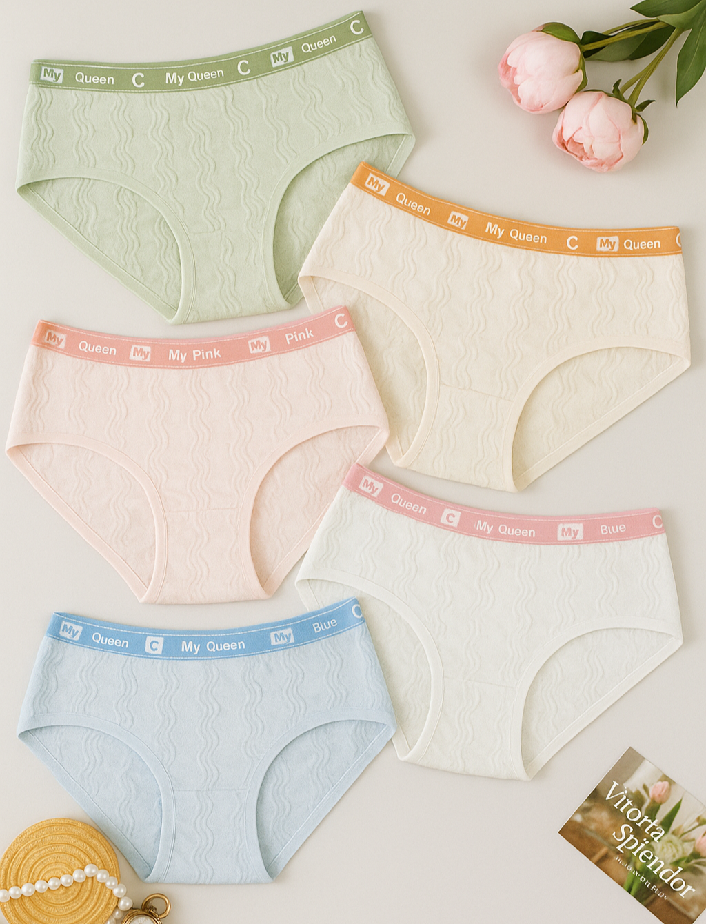 Women’s Cotton Mid-Rise Panty Pack of 5 – Soft, Breathable, Stylish Innerwear with Colorful Waistband