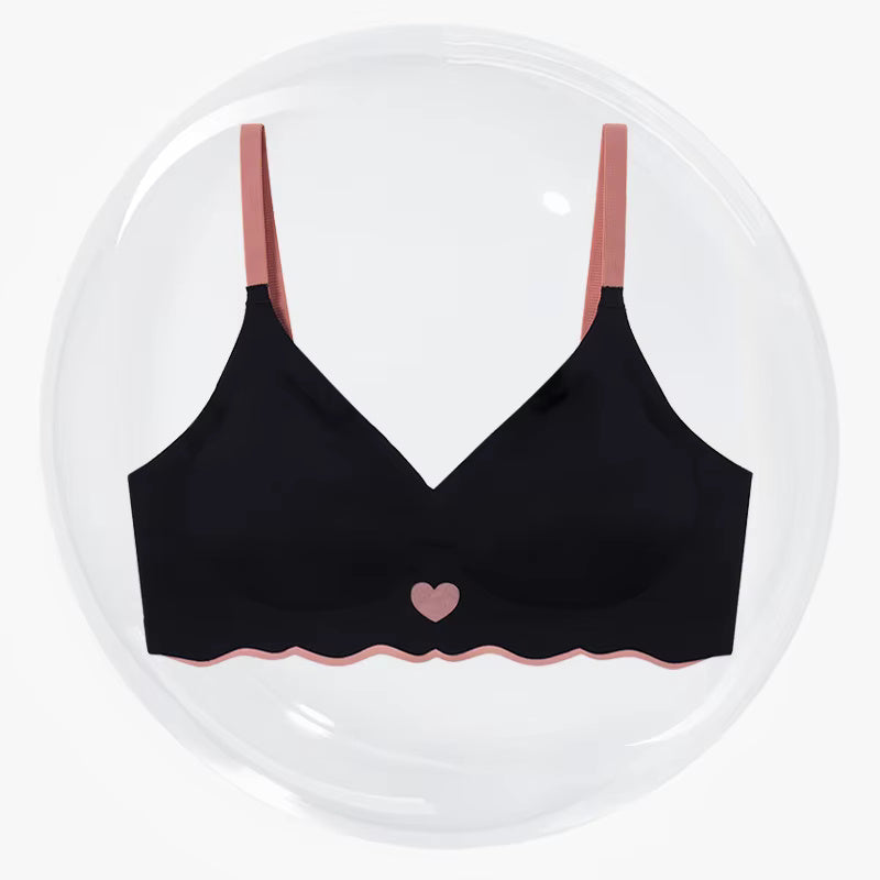 Women’s Seamless Padded Bra | Black Soft Stretch Bra with Pink Straps & Heart Design