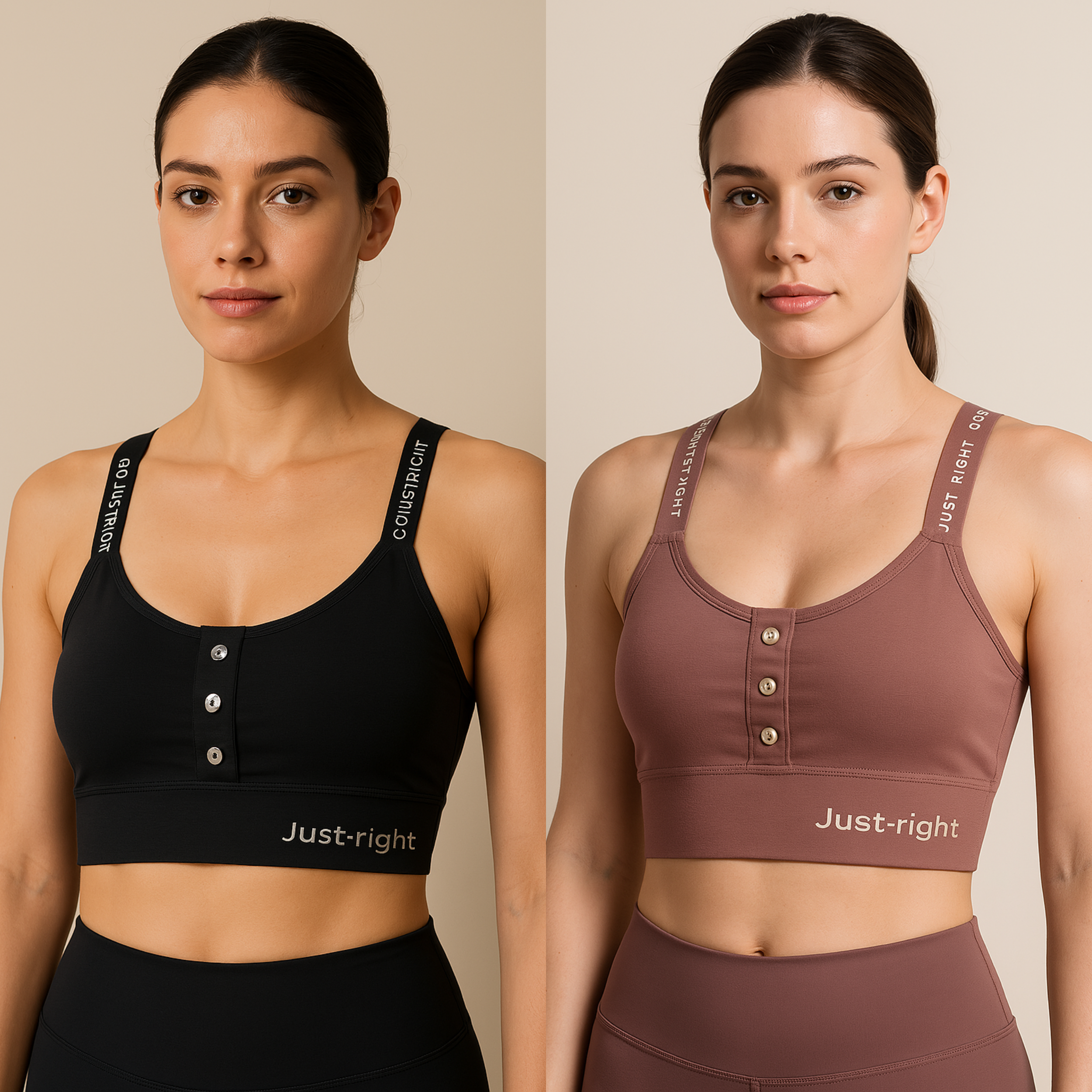 Women's Padded Sports Bra Pack of 2 – Black & Brown | Stylish Activewear with Front Button Design