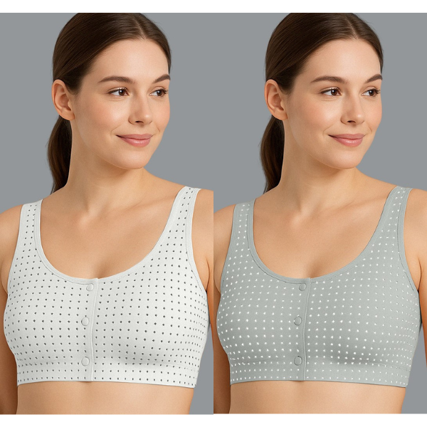 Women’s Bra Pack of 2 (White & Grey) – Polka Dot Front Open Wire-Free Non-Padded Everyday Wear