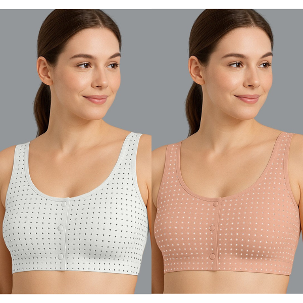 Pack of 2 Women’s Front Open Bras – White & Pink Polka Dot Non-Padded Wire-Free Plus Size