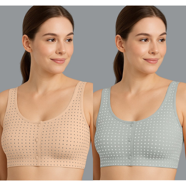 Plus Size Women’s Bra Pack – Grey & Skin Front Open Polka Dot Wire-Free Non-Padded Bra