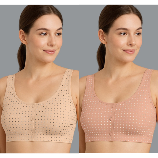 Pack of 2 Women’s Comfortable Bras – Pink & Skin Cotton Blend Front Open Wire-Free Polka Dot Design